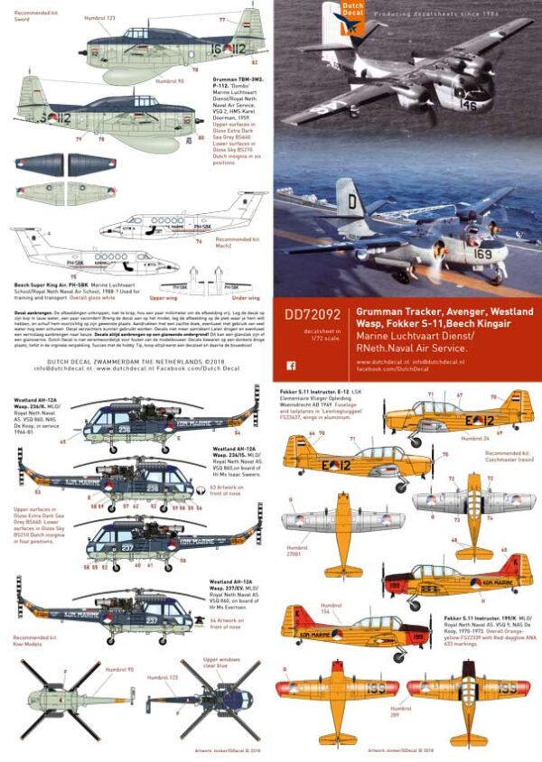 Naval Models Dutch Decal 72092 Grumman Tracker, Avenger, Westland Wasp, Fokker S-11, Beech Kingair